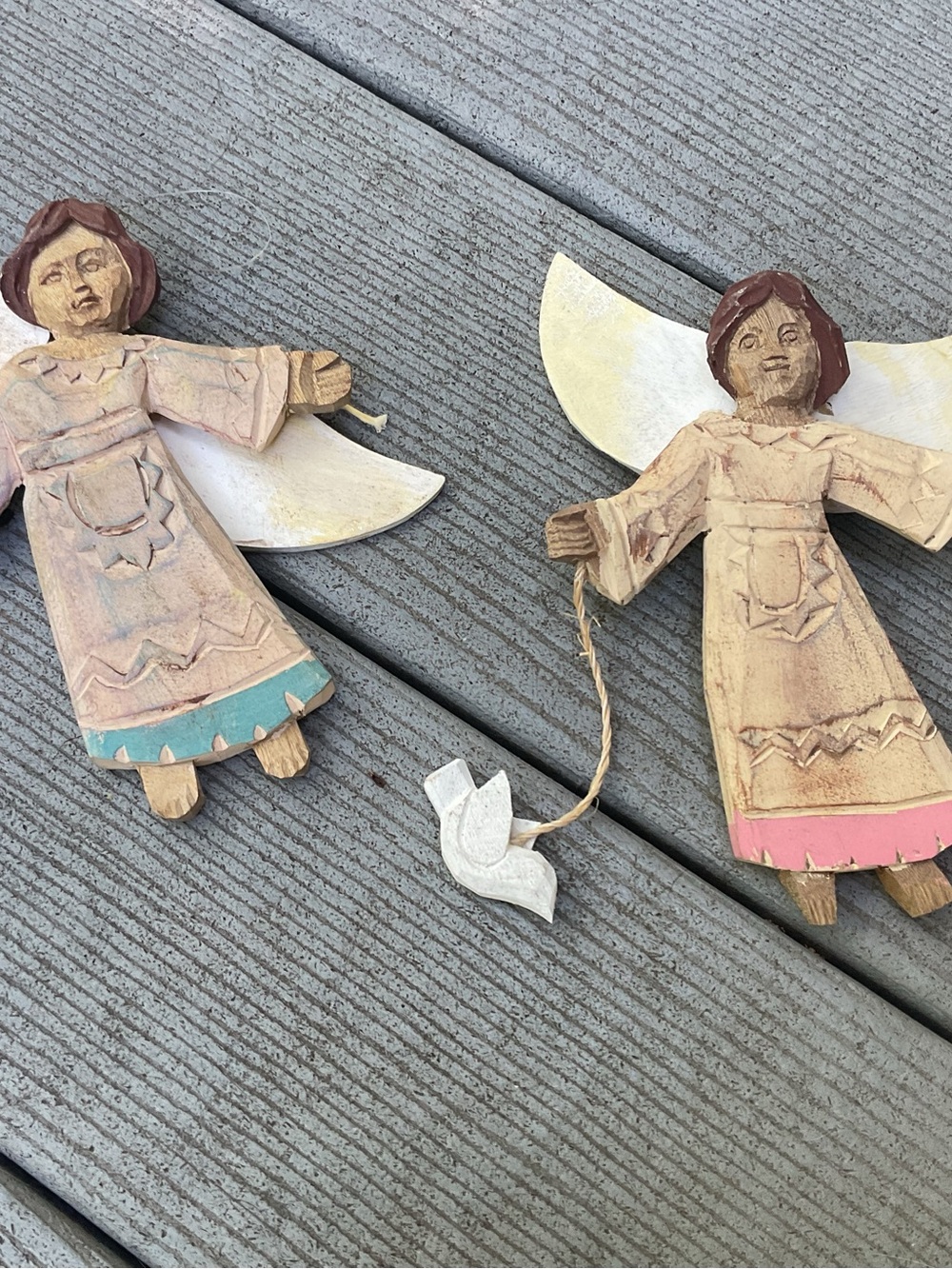 Vintage folk art hand carved Wooden Angel Wall Decor Set with Teal & Pink